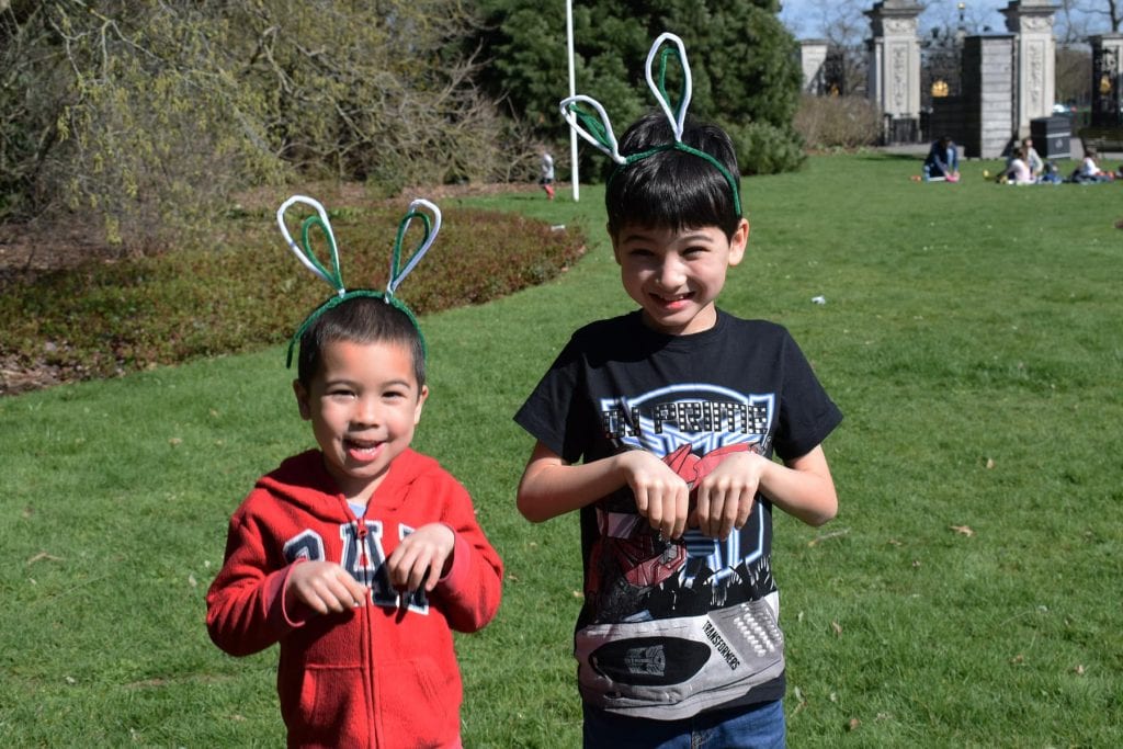 Boys with bunny ears at Kew Gardens