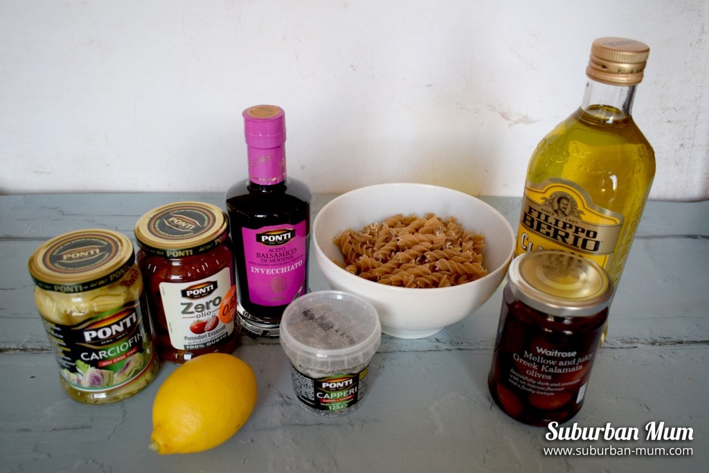 Ingredients for Pasta Salad with Artichokes, Olives and Sundried Tomatoes